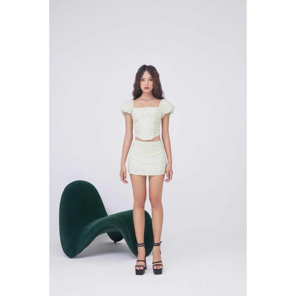 Set Áo Croptop Tay Phồng Phối Chân Váy Dáng A  - KINSU SET