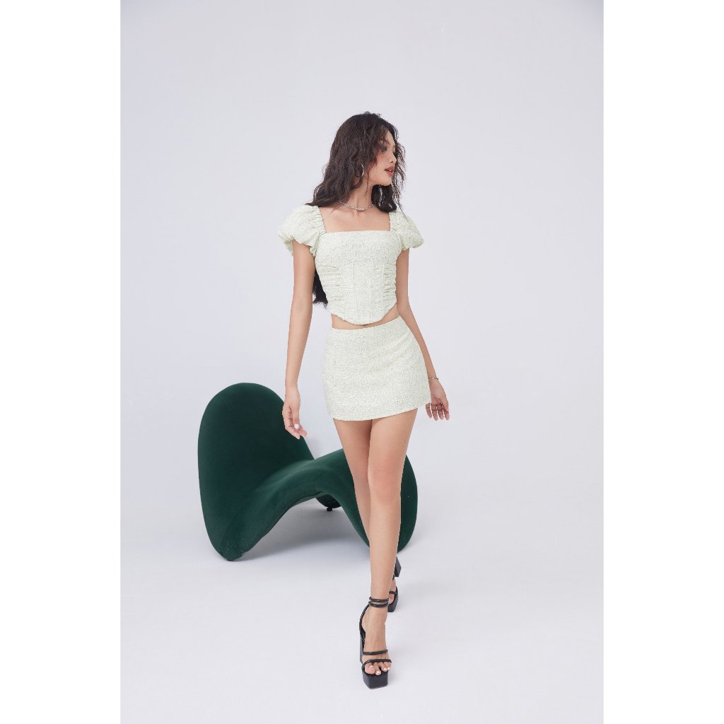 Set Áo Croptop Tay Phồng Phối Chân Váy Dáng A  - KINSU SET