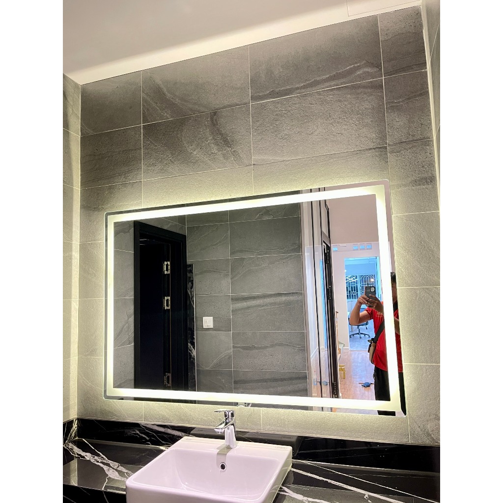 Gương chữ nhật nhà tắm 5mm cao cấp Vạn Bình An cảm ứng đèn led full kích thước nhà tắm