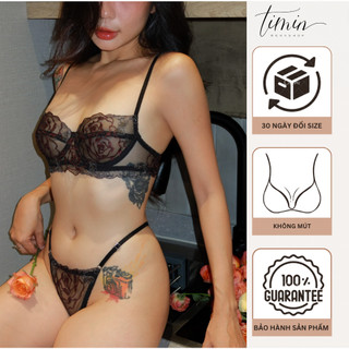 [Kèm Dán ] TM39 Đen Set Nội Y Ren Thêu Xuyên Thấu Quyến Rũ Thiết Kế TIMIN WORKSHOP