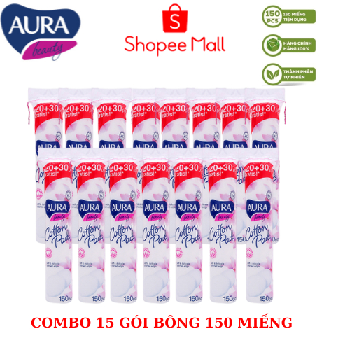 Combo 15 gói bông tẩy trang Aura Beauty mềm mịn 120+30 miếng (15 gói * 150 miếng)