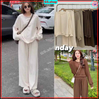 Bộ nỉ tăm dài tay nữ Set đồ ngủ ,đi chơi...quần ống rộng kèm áo sweater cổ tròn mặc nhà đẹp phong cách ulzzang - g5.shop