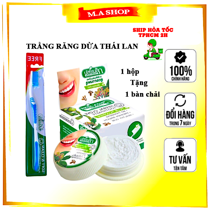Bột kem trắng răng dừa Thái Green Herb giảm ố vàng,  kem tẩy đánh bay mảng bám cao răng, sâu răng - M.A Shop