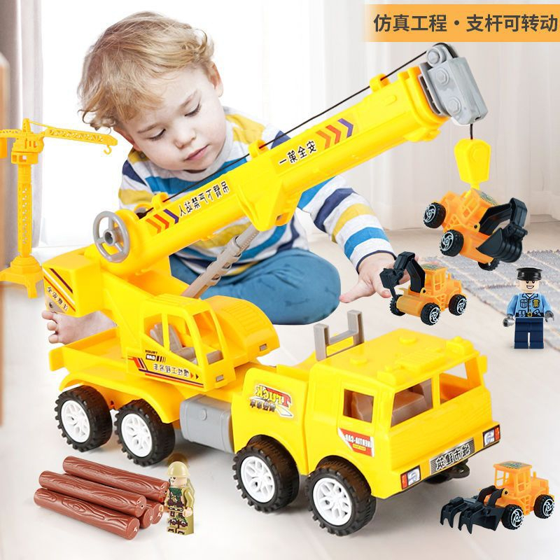 Xe cẩu móc đồ chơi cho bé theo cơ chế dây ròng rọc xe thang cứu hỏa phun nước xe cảnh sát chở bốn xe nhỏ màu trắng