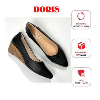 Giày búp bê đế xuồng 5cm DORIS DR504- da thật SIÊU BỀN mũi nhọn trơn màu đen- BẢO HÀNH 12 THÁNG.