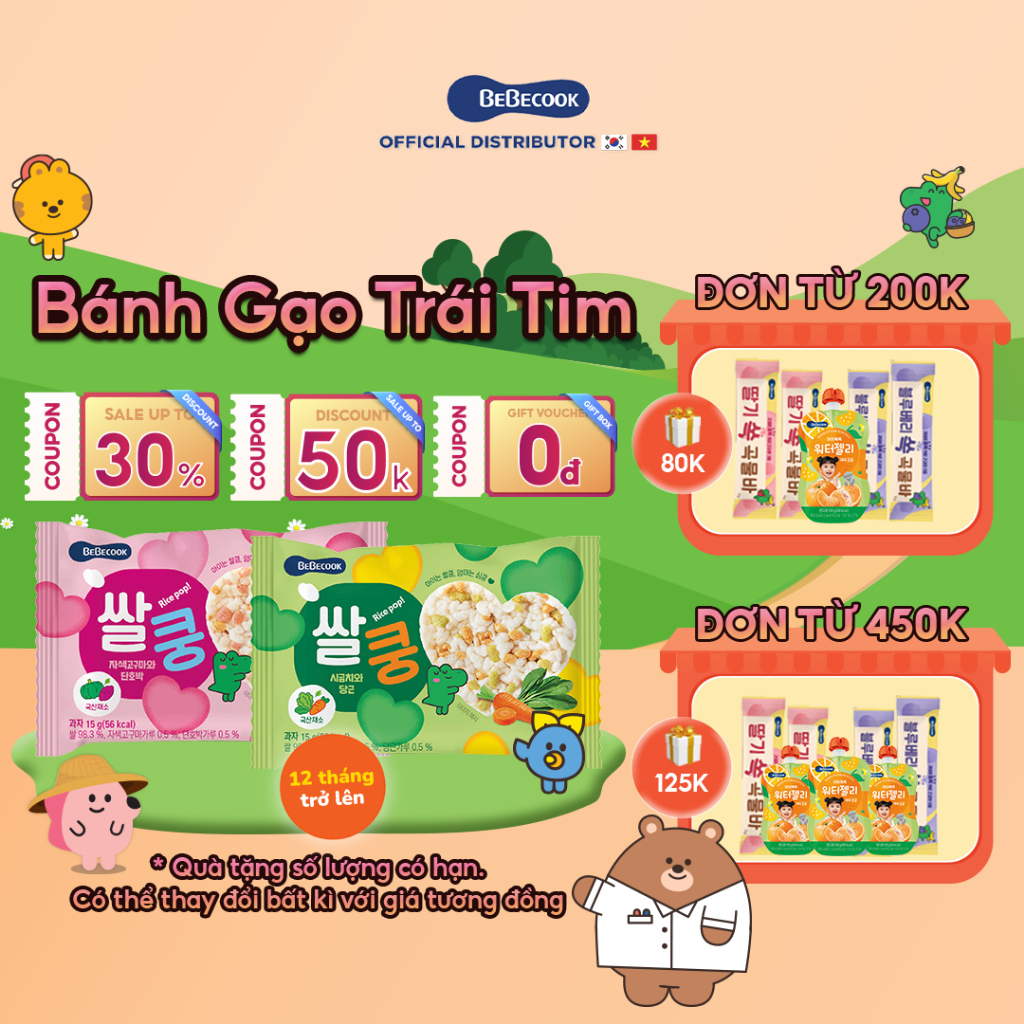 Bánh gạo cho bé ăn dặm BeBecook hình trái tim nhiều vị rau củ quả 15gr/gói