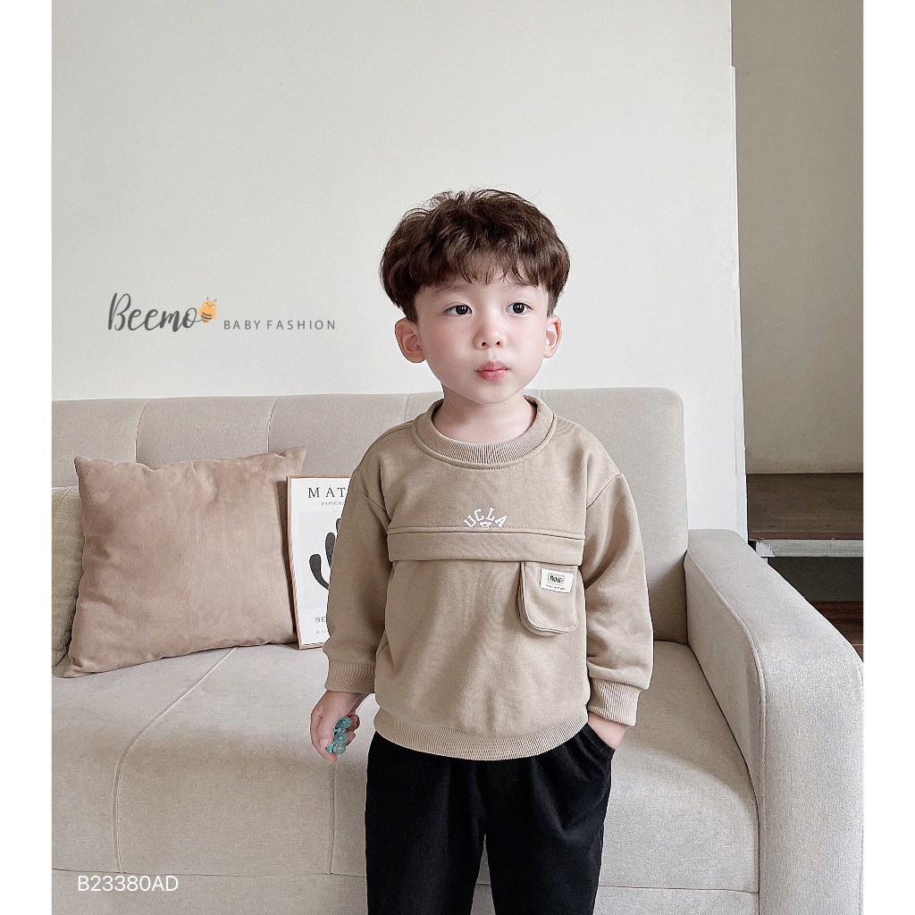 Áo dài tay Beemo sweater cho bé trai, thân phối túi ngực tag da vải nỉ da cá mềm mại, co giãn, mặc thu đông B23380AD