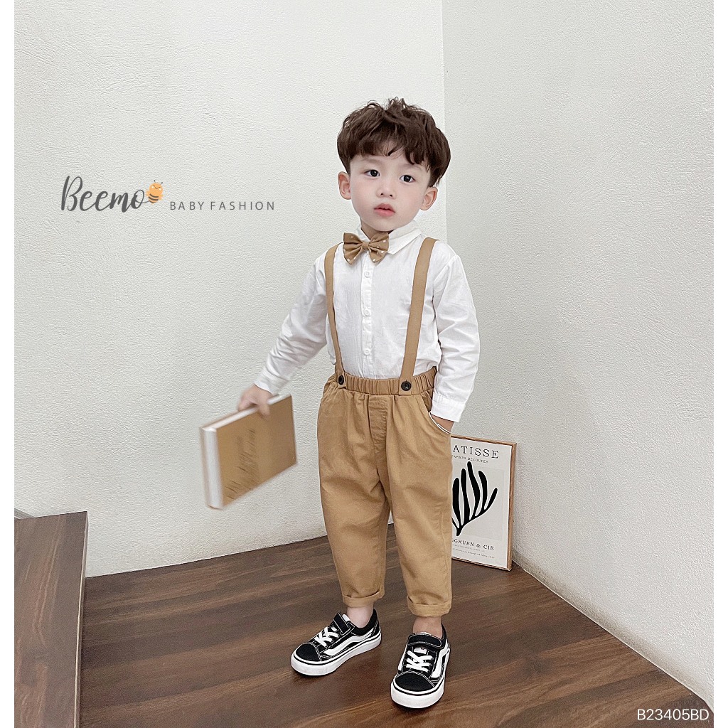 Set bộ sơ mi Beemo cho bé trai kèm nơ cổ, áo thô, quần kaki baggy phối đai mặc đám cưới, sự kiện B23405BD