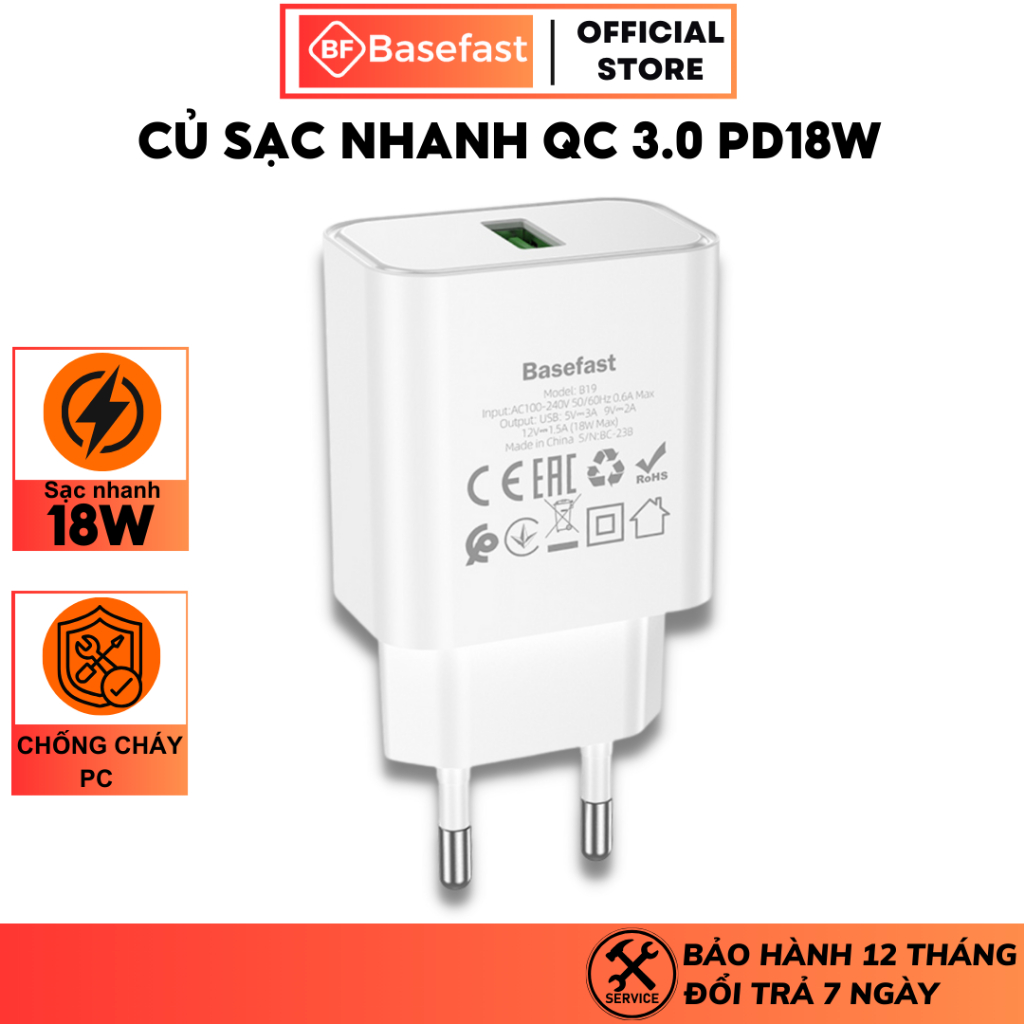 Củ sạc nhanh 1 Cổng QC 3.0 18W Basefast B19W chính hãng nhỏ gọn tiện lợi thiết kế đẹp mắt