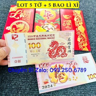 Combo 5 tấm tiền lì xì hình rồng 100 macao + bao lì xì 2024, quà tặng tết ý nghĩa, quà tết 2024
