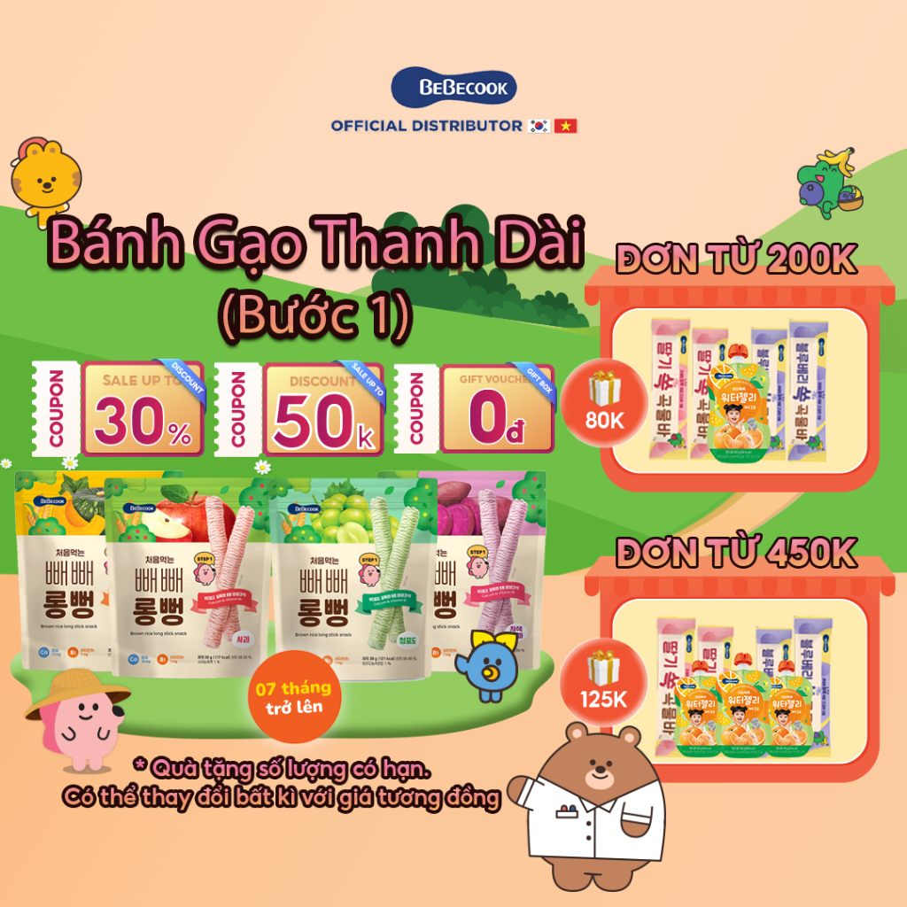 Bánh gạo lứt ăn dặm cho bé BeBecook thanh dài vừa vặn tay trẻ khi cầm gói 30gr