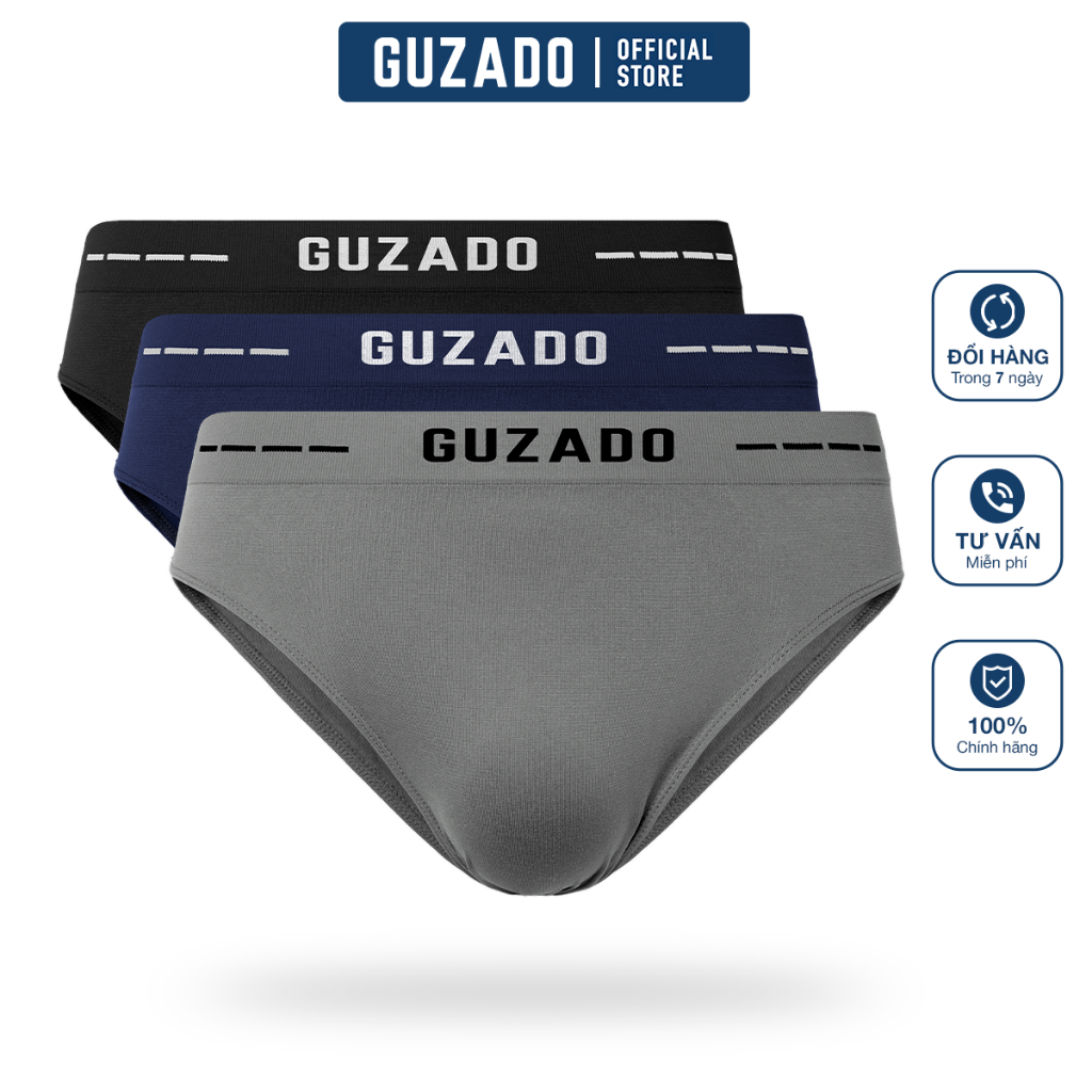 COMBO 3 Quần Lót Nam Tam Giác GUZADO Công Nghệ Dệt Không Đường May Cao Cấp, Mẫu Trơn Mềm Mại Chống Hằn Da CB3GBF04