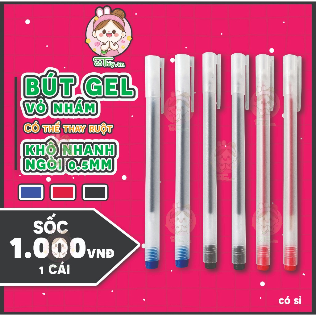 Bút Gel bút bi nước văn phòng mực gel 0.5mm cô.thủy mực đều nét chữ đẹp đủ màu xanh đen đỏ BG02