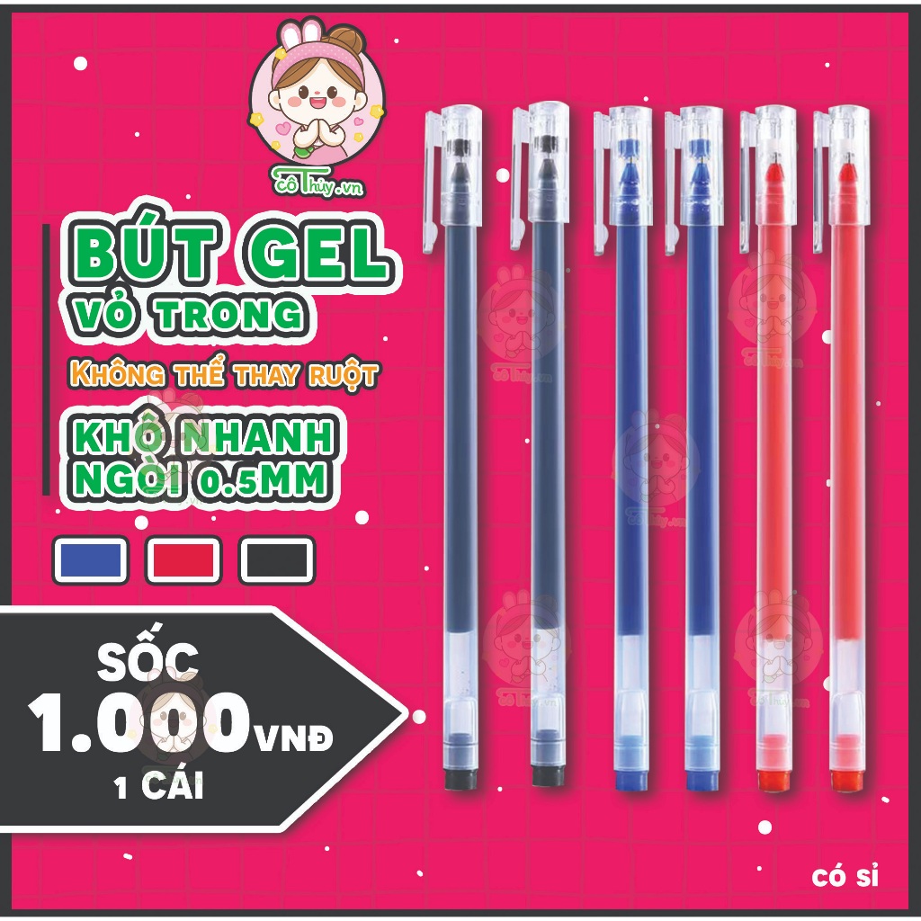 Bút Gel bút bi nước văn phòng mực gel 0.5mm cô.thủy mực đều nét chữ đẹp đủ màu xanh đen đỏ BG02