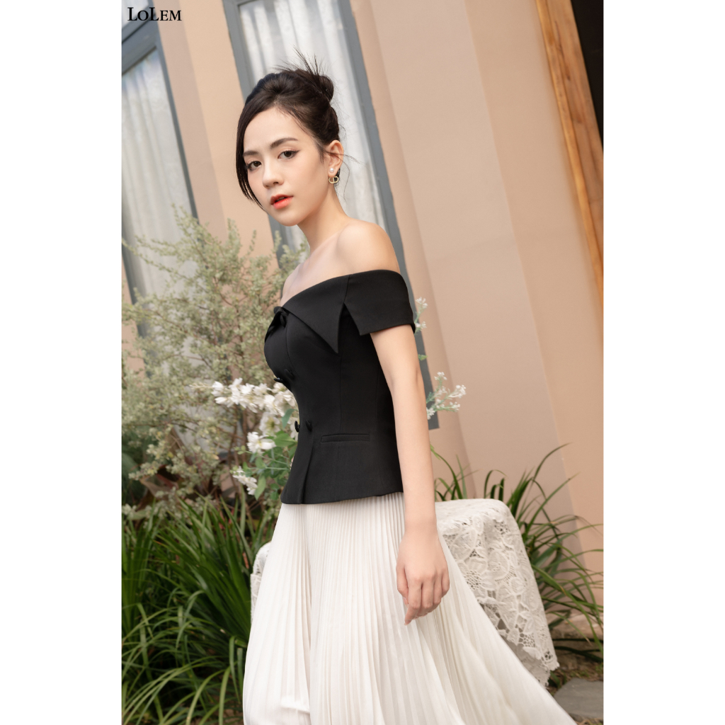 Áo peplum cổ vest LOLEM AK1379 tôn vòng eo vải chéo Ý sang trọng