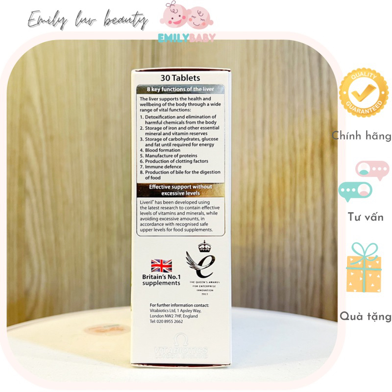 Viên uống Vitabiotics Liveril Tablets hỗ trợ thải độc gan, bảo vệ và tăng cường chức năng gan hộp 30 viên
