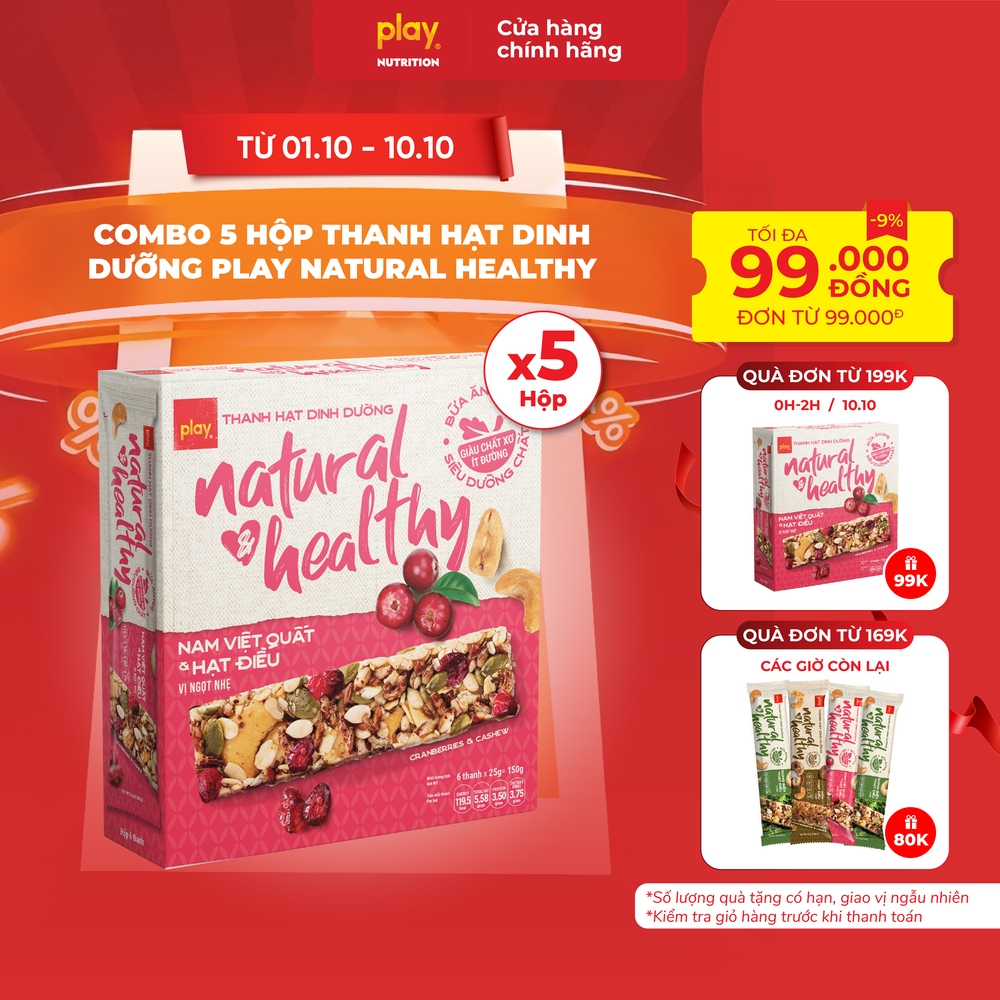 Combo 5 hộp thanh hạt dinh dưỡng PLAY Natural Healthy - Bánh ngũ cốc ăn kiêng, bánh ăn sáng dinh dưỡng