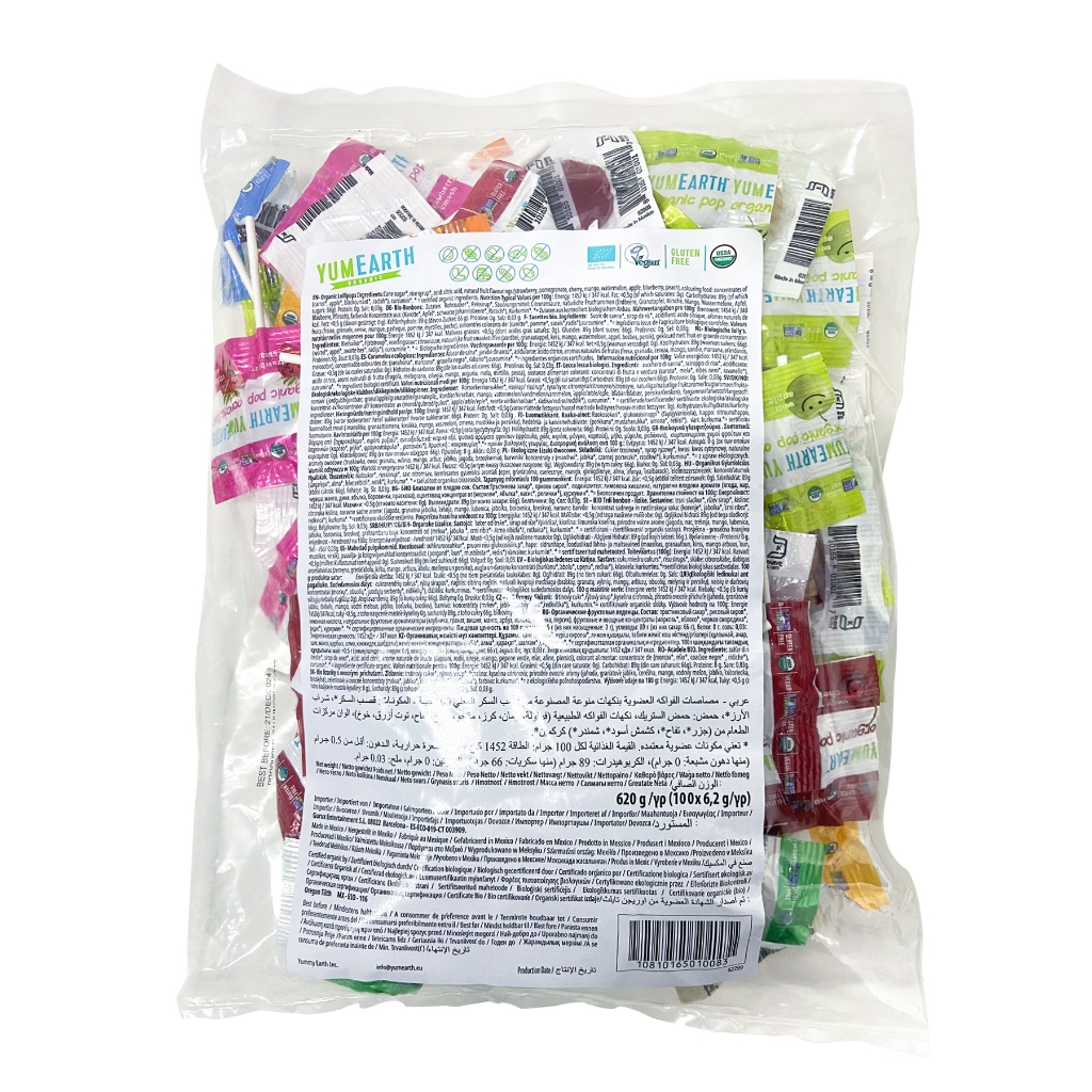 Kẹo mút hữu cơ YUMEARTH 8 hương vị trái cây hương vị trái cây không phẩm màu,đường trắng