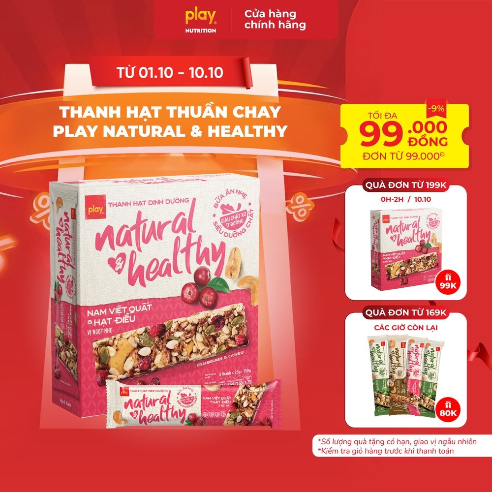 Hộp 6 thanh hạt thuần chay PLAY Natural & Healthy - Thanh ngũ cốc, ăn kiêng, giảm cân