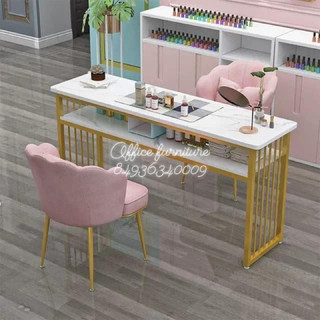 Bàn nail khung sắt vàng mặt gỗ giả đá cho 1 thợ 1 khách ngồi dài 1m