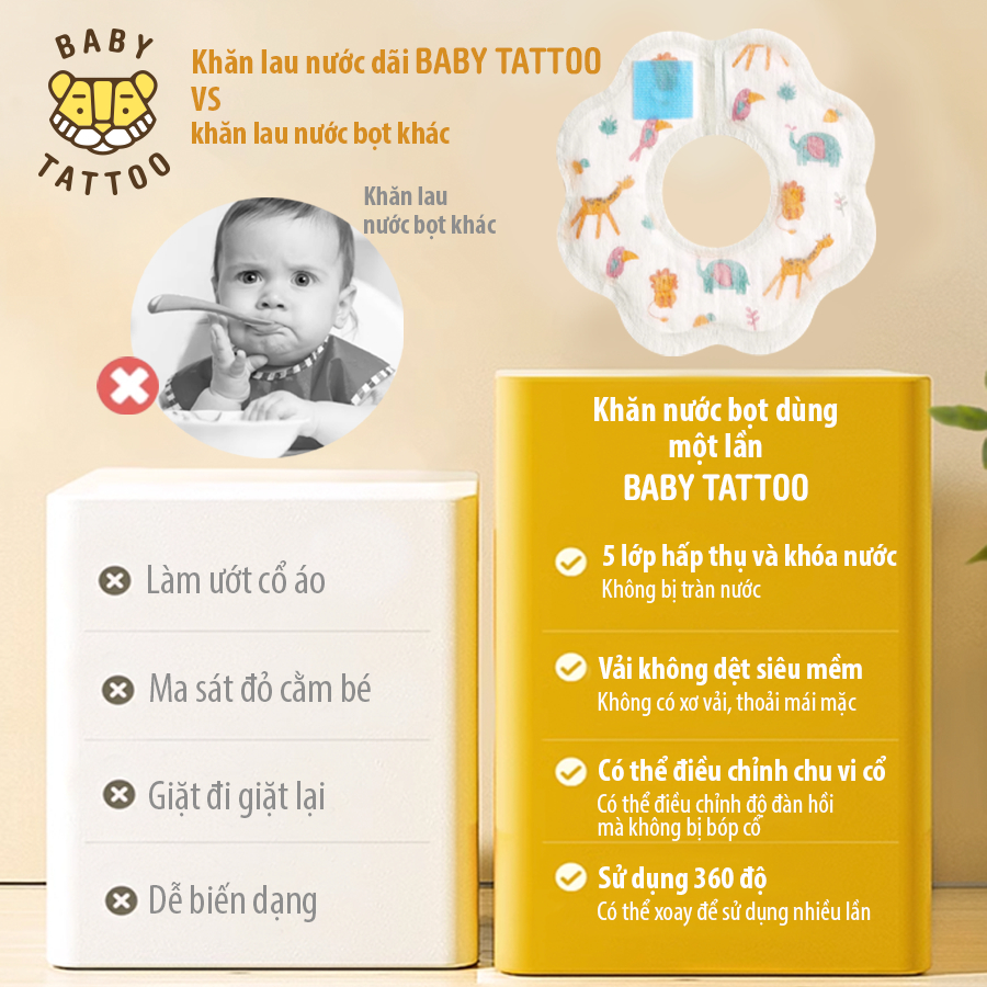 Yếm Ăn Dặm Tròn 360 Độ BABY TATTOO, Yếm Vải Sử Dụng 1 Lần Tiện Lợi, Hộp 20 Cái