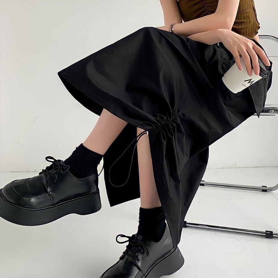 Chân váy dài midi nữ túi hộp cạp cao rút dây dáng dài lưng cao xẻ tà sau hàn quốc vintage đen trắng xám kaki LAVAMO AN24