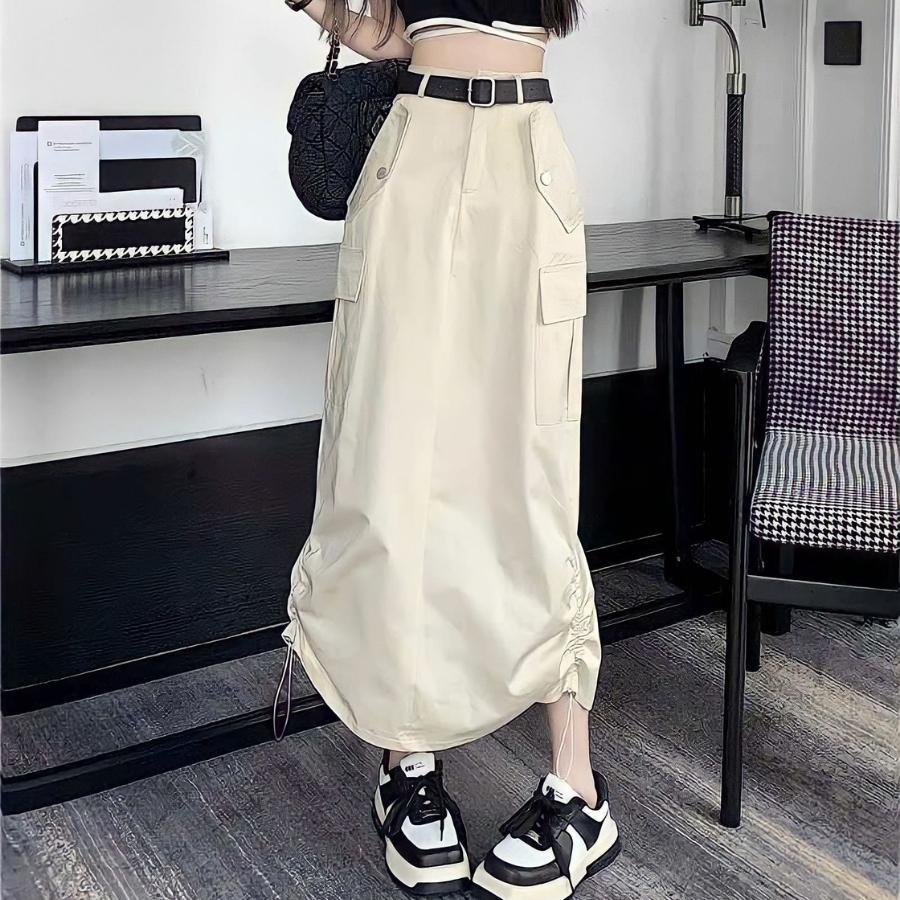 Chân váy dài midi nữ túi hộp cạp cao rút dây dáng dài lưng cao xẻ tà sau hàn quốc vintage đen trắng xám kaki LAVAMO AN24
