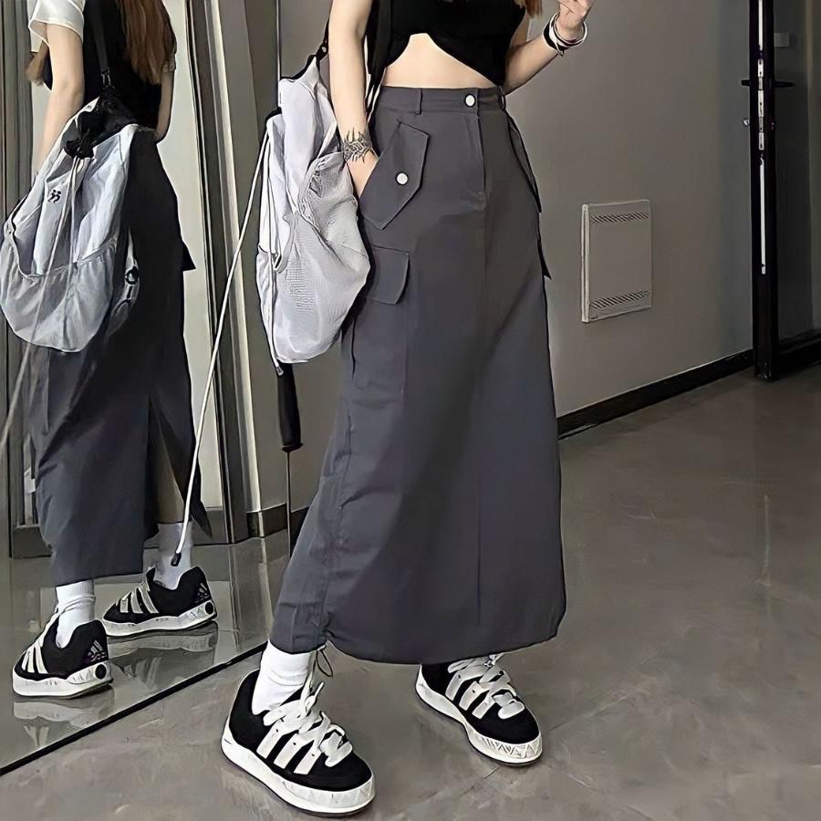 Chân váy dài midi nữ túi hộp cạp cao rút dây dáng dài lưng cao xẻ tà sau hàn quốc vintage đen trắng xám kaki LAVAMO AN24
