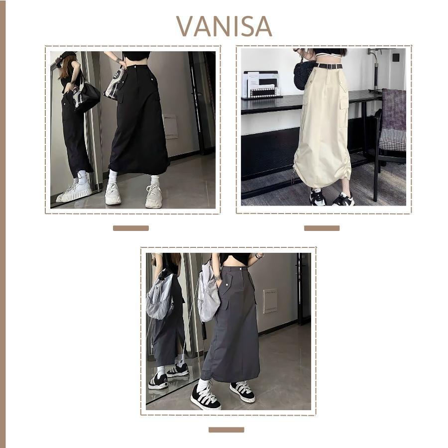 Chân váy dài midi nữ túi hộp cạp cao rút dây dáng dài lưng cao xẻ tà sau hàn quốc vintage đen trắng xám kaki LAVAMO AN24