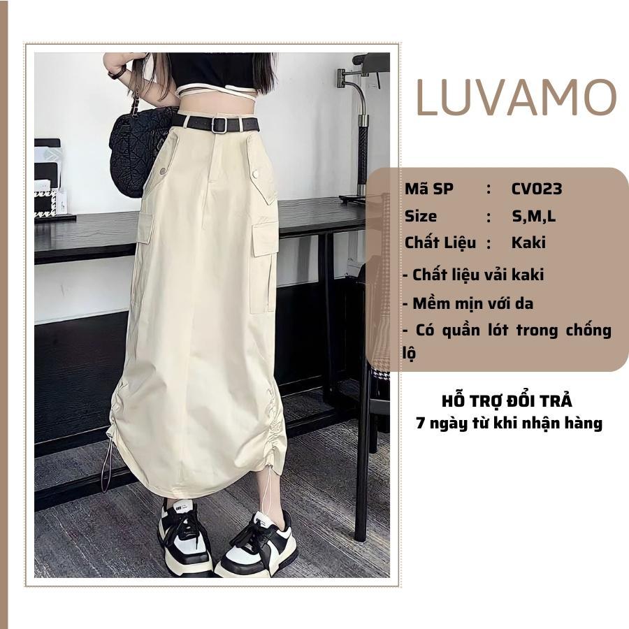 Chân váy dài midi nữ túi hộp cạp cao rút dây dáng dài lưng cao xẻ tà sau hàn quốc vintage đen trắng xám kaki LAVAMO AN24
