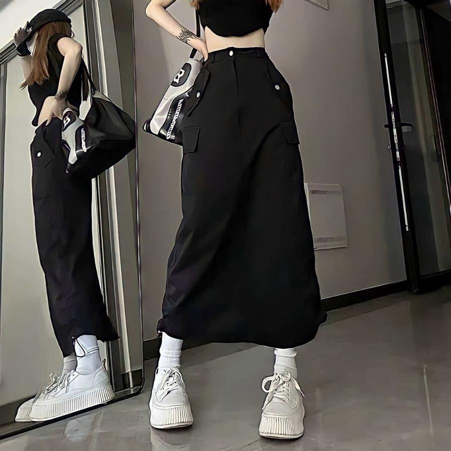Chân váy dài midi nữ túi hộp cạp cao rút dây dáng dài lưng cao xẻ tà sau hàn quốc vintage đen trắng xám kaki LAVAMO AN24