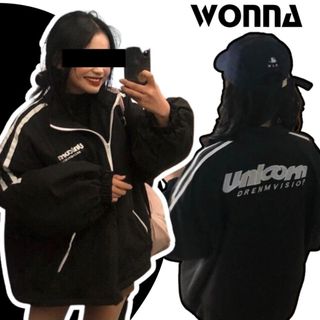Áo Khoác Dù Gió Lót Bông Siêu Dày Phối Viền Thu Đông Ulzzang Unisex Quảng Châu Hai 2 Sọc Nữ Màu Đen Thể Thao Áo Gió