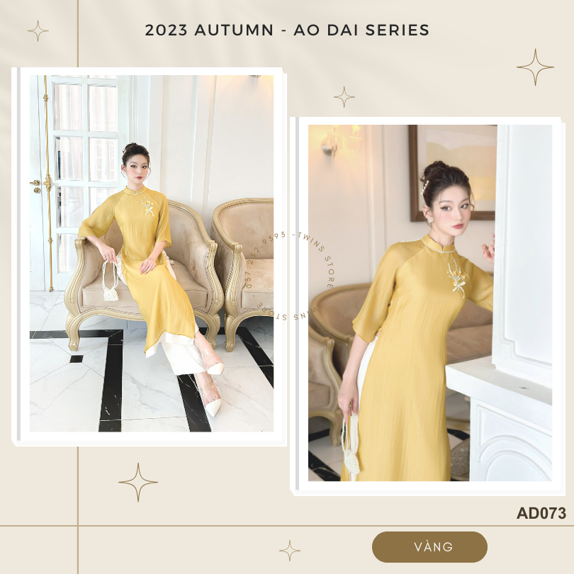 Áo dài KÈM QUẦN Twins Store dáng suông, đính cành hoa và cườm thủ công trên ngực trái - AD073