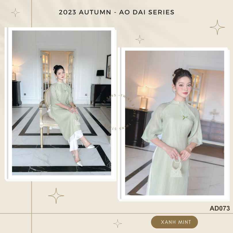 Áo dài KÈM QUẦN Twins Store dáng suông, đính cành hoa và cườm thủ công trên ngực trái - AD073