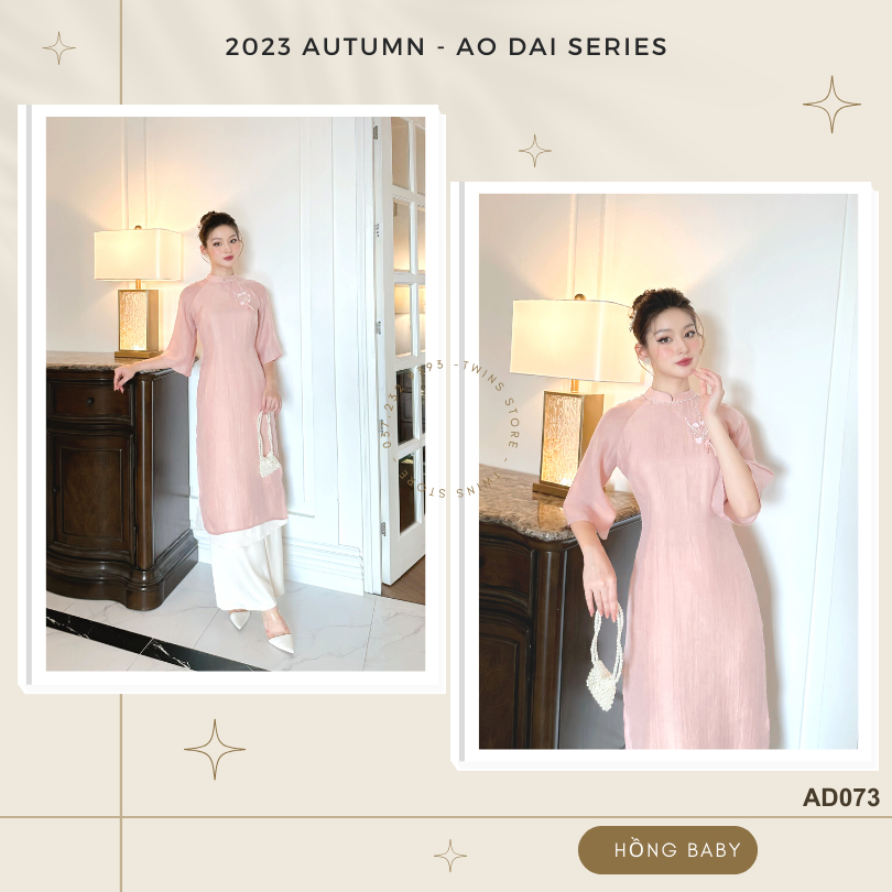 Áo dài KÈM QUẦN Twins Store dáng suông, đính cành hoa và cườm thủ công trên ngực trái - AD073