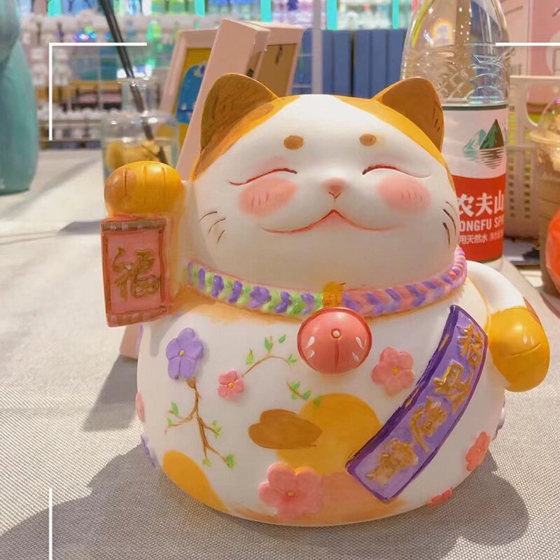 Tượng thạch cao tô màu mèo thần tài đẹp tặng kèm vỉ màu tô