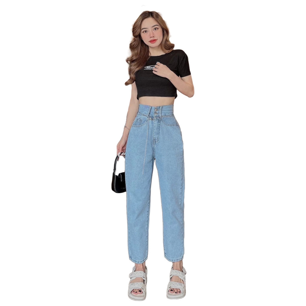 Quần Baggy Jean Nữ Lb , Lưng Cao 2 khuy , Dáng Đứng Ống Rộng, Vải Denim Không Giãn Lb268