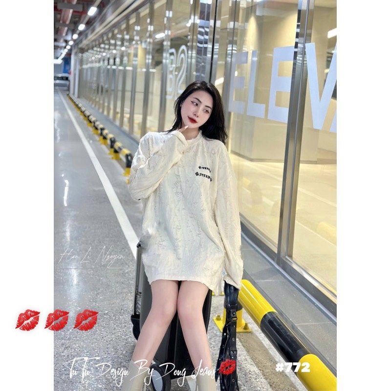 Áo thom chữ rách tay dài hàng QC