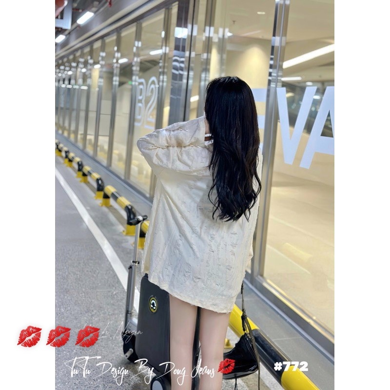 Áo thom chữ rách tay dài hàng QC