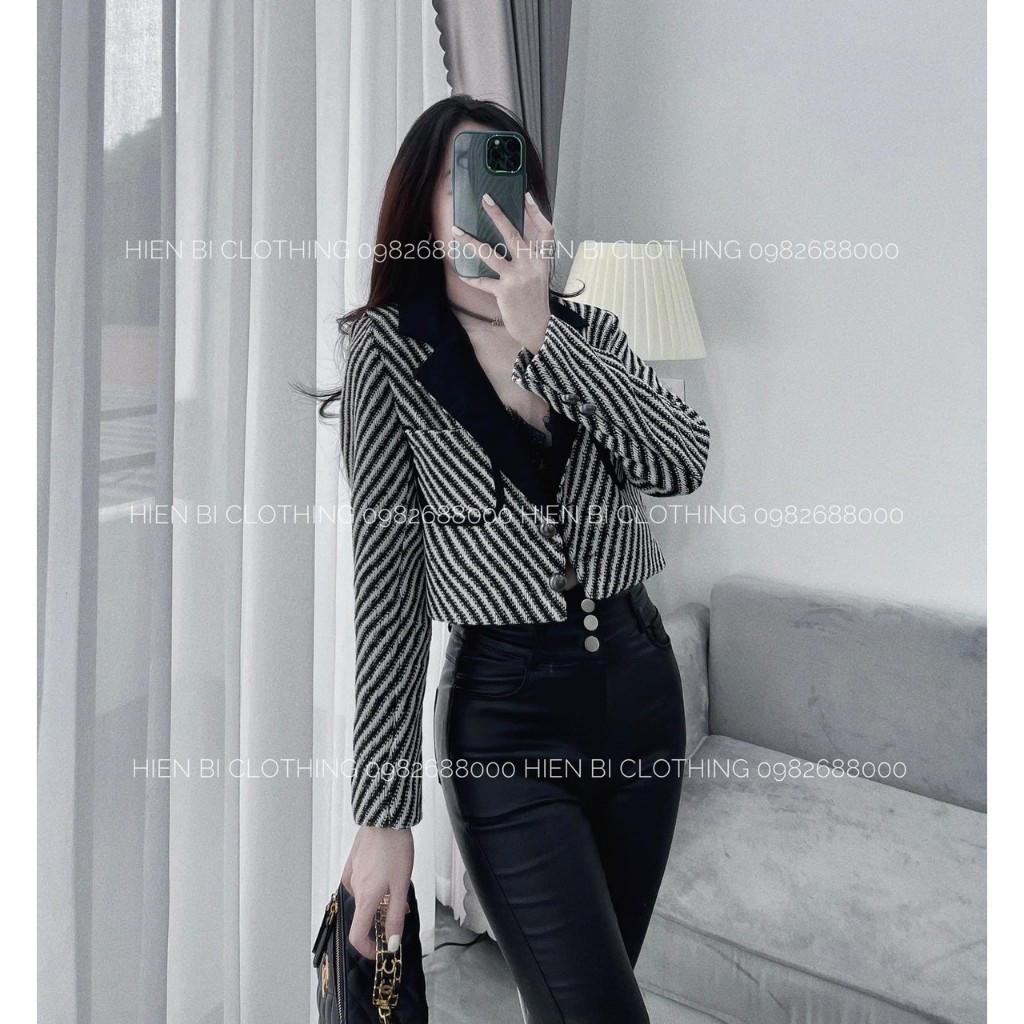 Áo Khoác Dạ dáng blazer ngắn croptop Tweed cổ vest kẻ sọc 2 lớp cao cấp sang trọng thu đông hàng loại 1 Lamour AK17