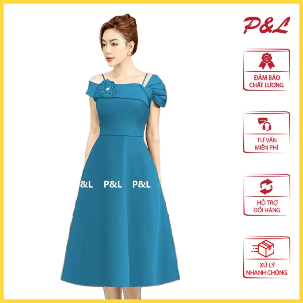 Váy Đầm Dự Tiệc Trung Niên Thiết Kế Cao Cấp Dáng Xòe Trễ Vai Bông Ngực PL016