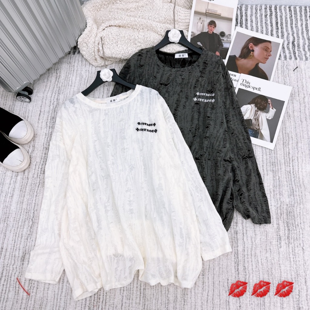 Áo thom chữ rách tay dài hàng QC