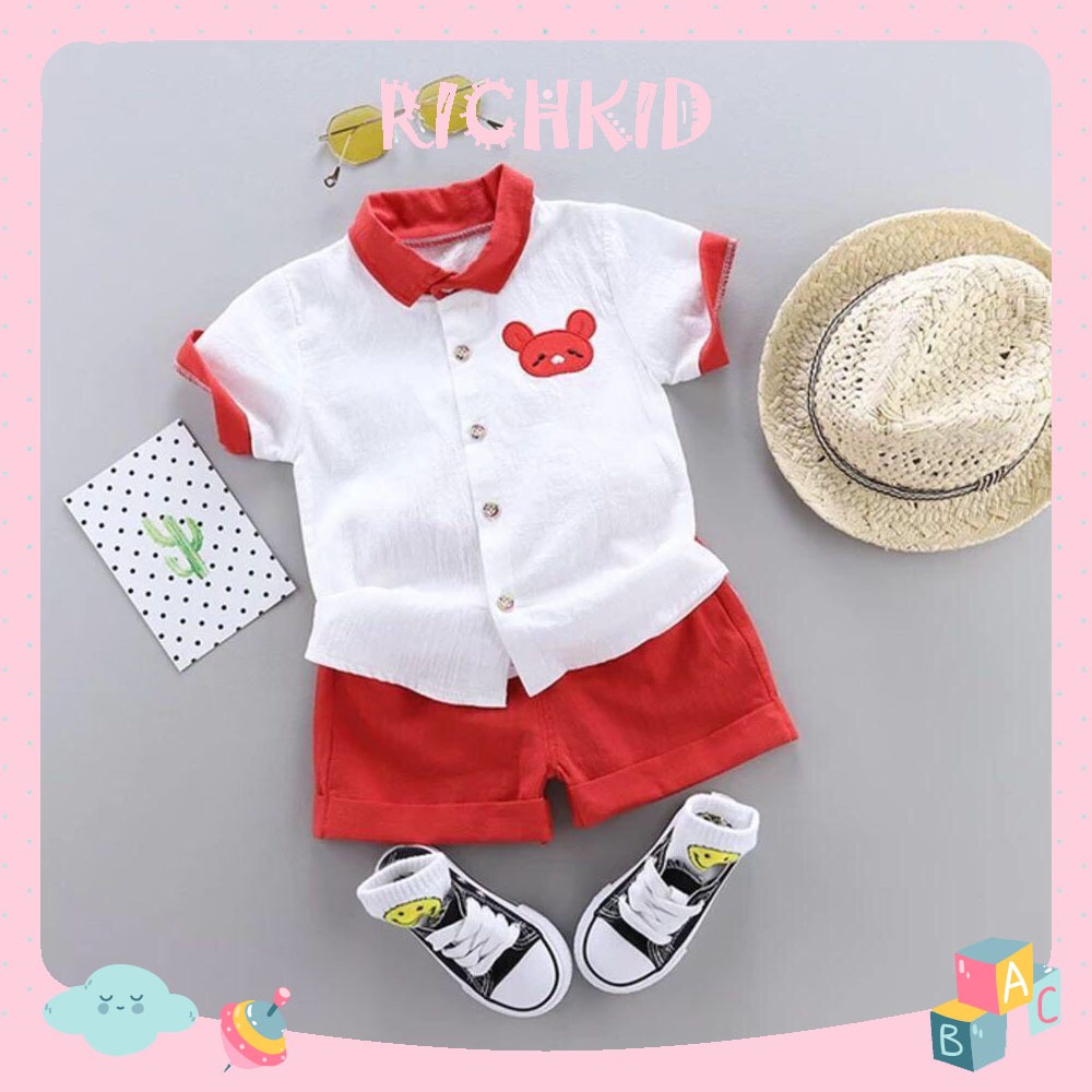SET QUẦN ÁO SƠ MI GẤU BÉ TRAI HÀN QUỐC HÈ SIZE 8->26KG