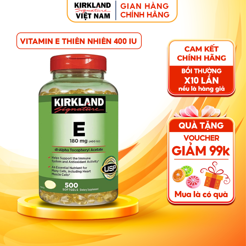 Vitamin E Kirkland Signature 400 IU của Mỹ lọ 500 viên hỗ trợ làm đẹp, dưỡng ẩm cho da