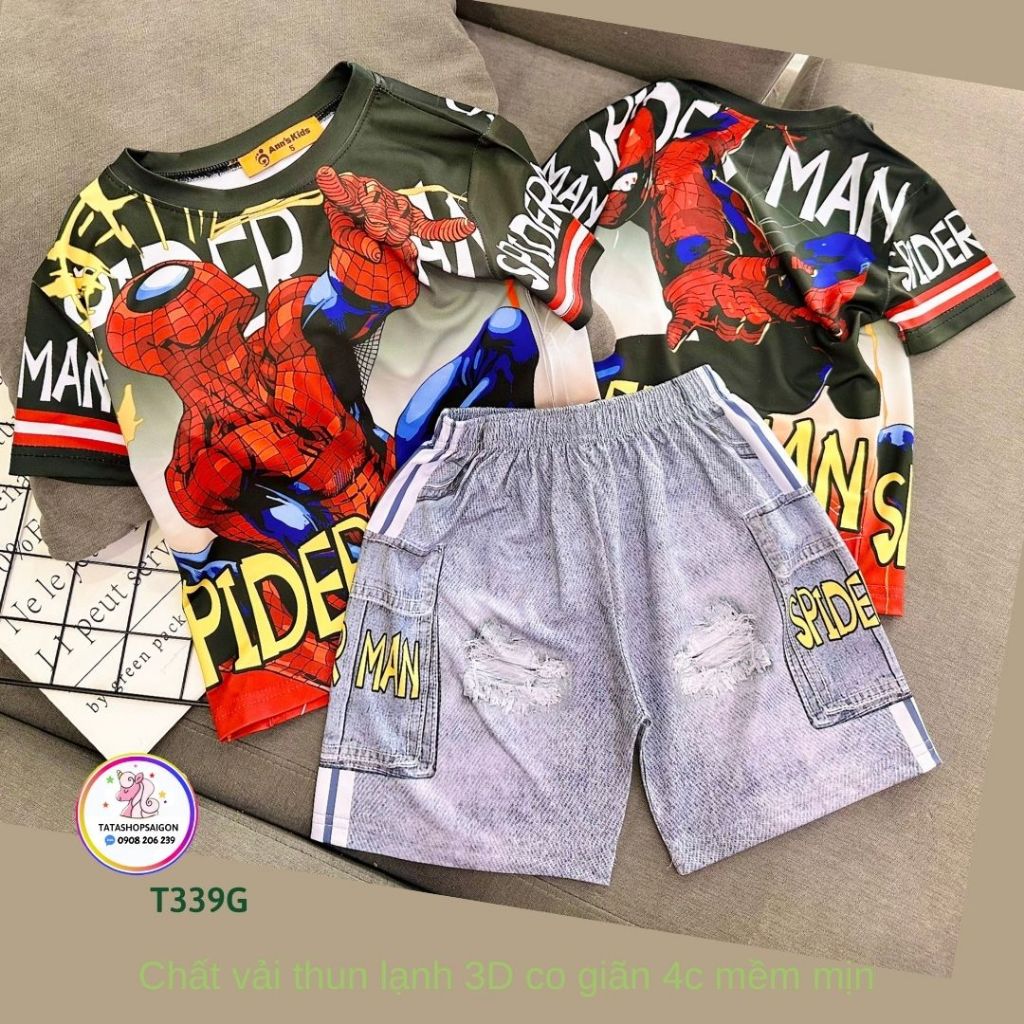 T339 20 đến 40kg Bộ đùi cộc tay bé trai siêu nhân among us size đại thun lạnh in 3D mềm mát 20 đến 40kg