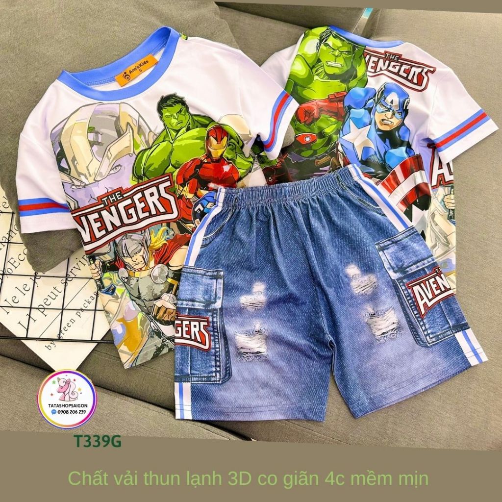 T339 20 đến 40kg Bộ đùi cộc tay bé trai siêu nhân among us size đại thun lạnh in 3D mềm mát 20 đến 40kg