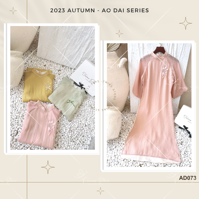 Áo dài KÈM QUẦN Twins Store dáng suông, đính cành hoa và cườm thủ công trên ngực trái - AD073