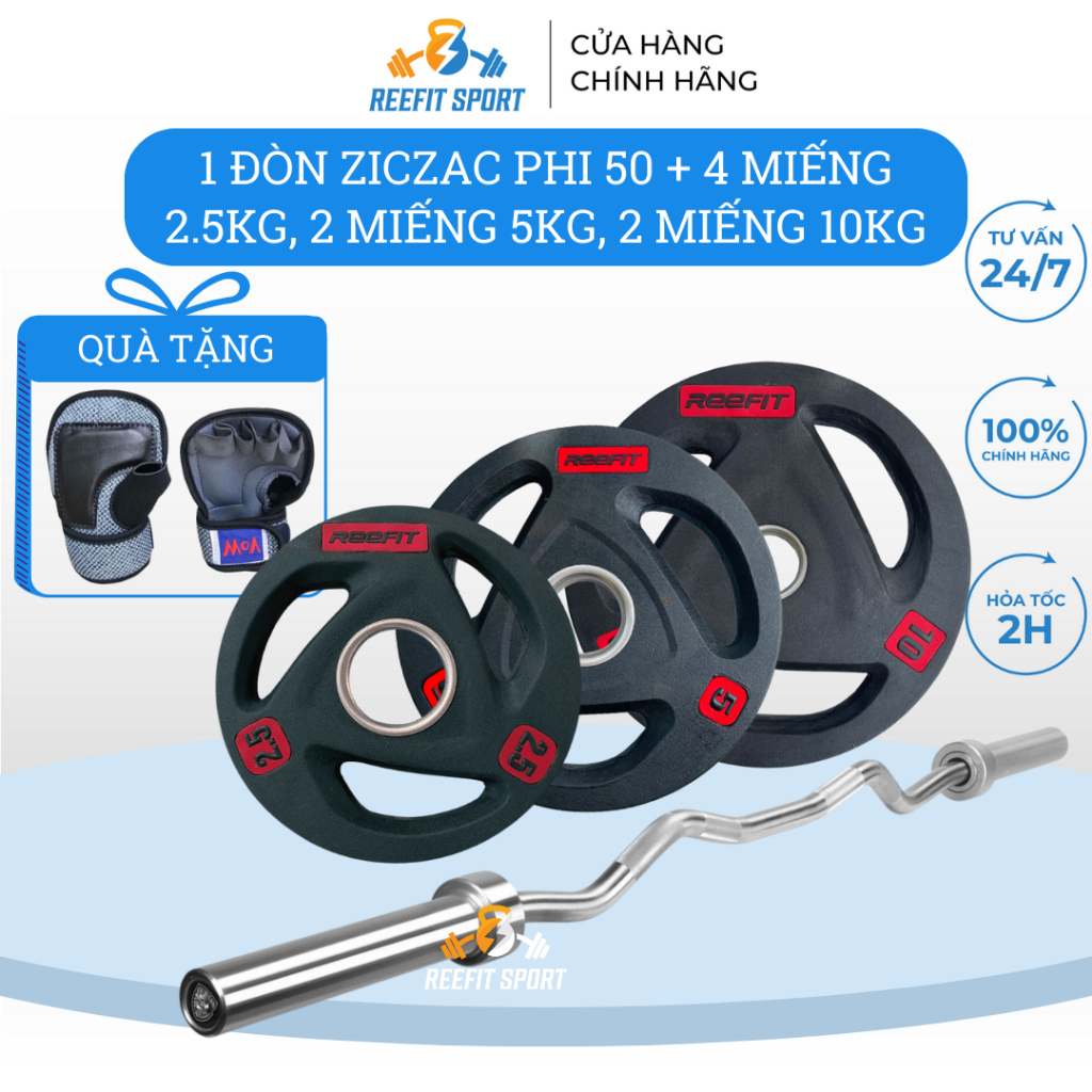 Bộ đòn tạ zic zac phi 50 + 40kg tạ miếng cao su phi 50 (4 miếng 2.5kg, 2 miếng 5kg, 2 miếng 10kg) + găng tay