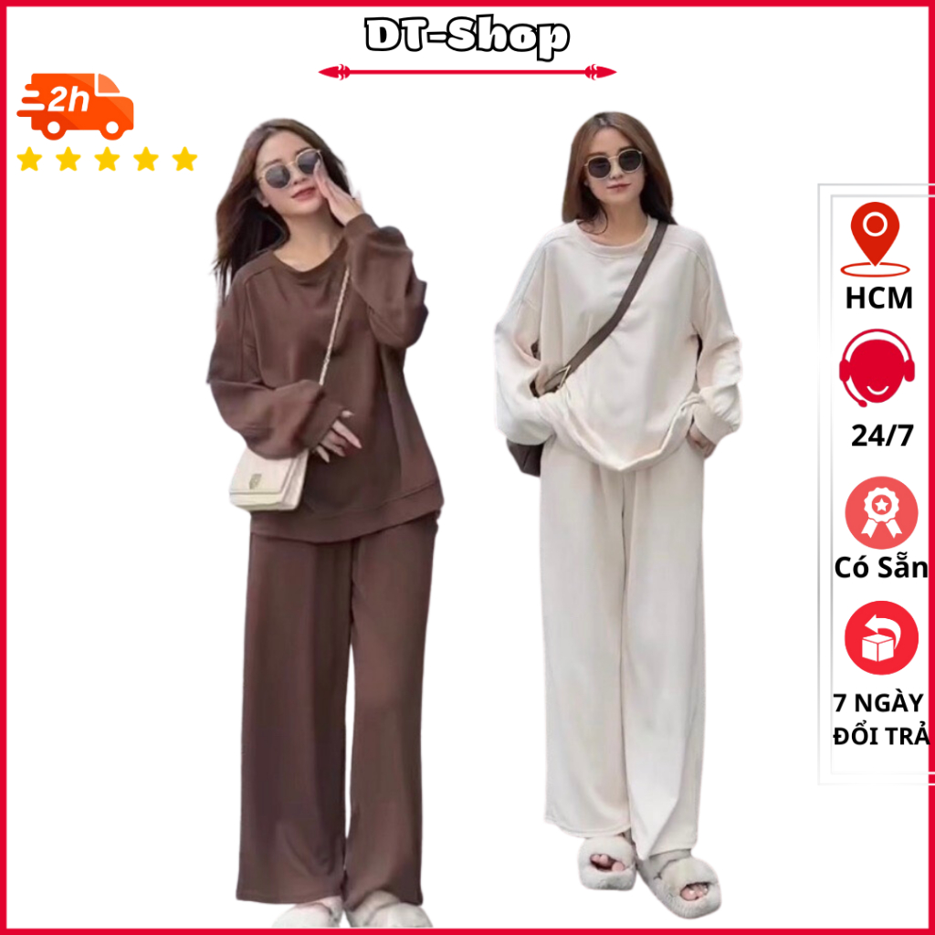 Set áo nỉ tăm cổ tròn kèm quần culottes - Bộ Nữ Sweater Mix Quân Ống Rộng Suông - dt_shop