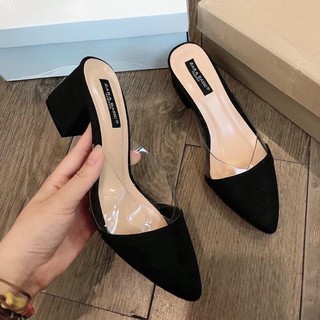 Sẵn kho hn- dép sục cao gót mũi nhọn phối trong da lộn gót vuông 5p
